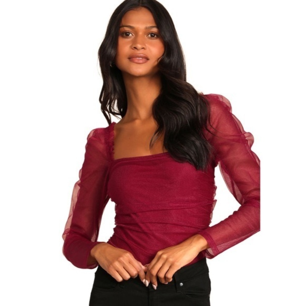 Lulus Burgundy Tulle Ruched Long Sleeve Bodice Bodysuit Size XS Party Night out